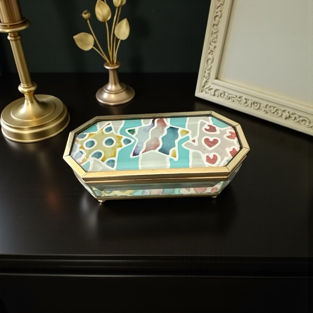 Hand-Painted Gold Stars and Hearts Trinket Box with Mirror